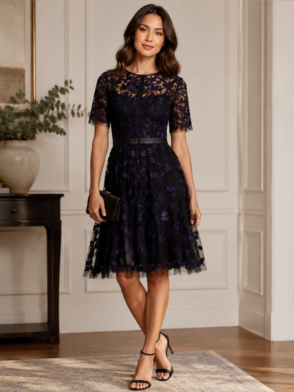 Needle & Thread Black Embroidered Lace Floral Cocktail Dress Midi Short Sleeve 4